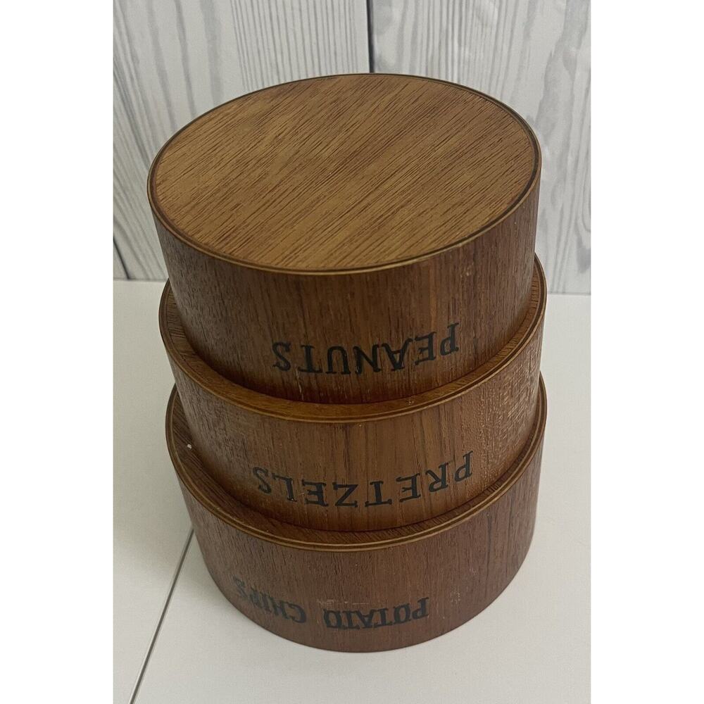 3 Pc Nesting Snack Bowl Set Pretzels Peanuts Chips Mid Century Teak Wood Crest - Picture 2 of 6